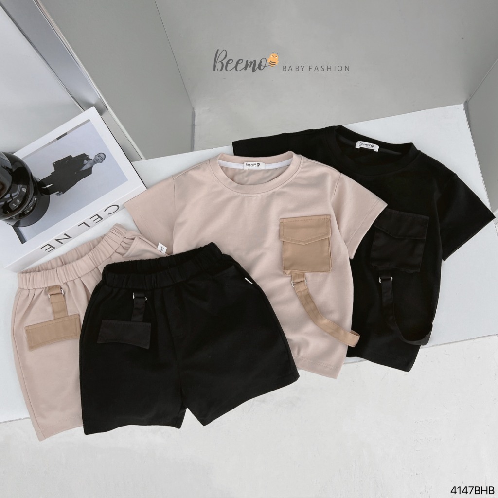 Bộ cotton túi hộp phối dây cá tính cho bé, bộ thun cộc tay cổ tròn năng động, khoẻ khoắn