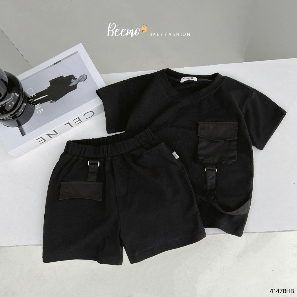 Bộ cotton túi hộp phối dây cá tính cho bé, bộ thun cộc tay cổ tròn năng động, khoẻ khoắn