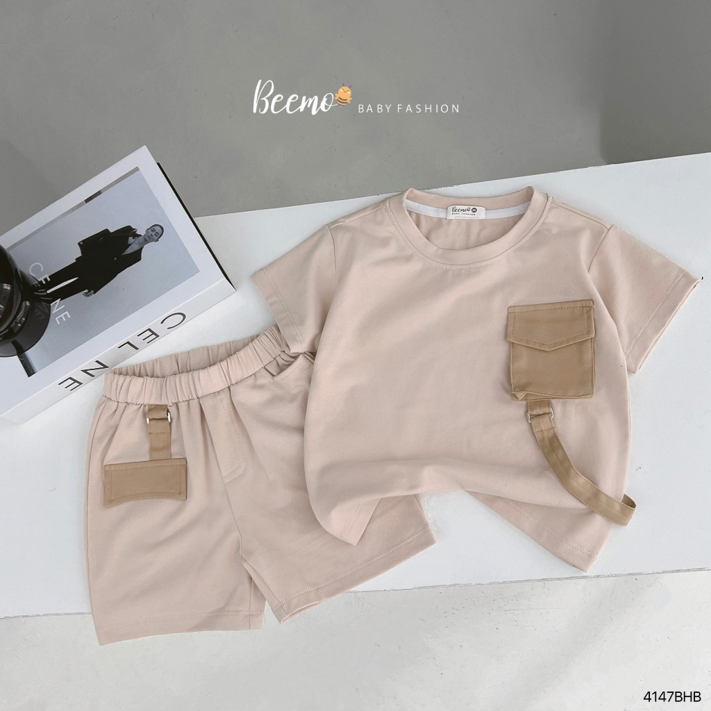 Bộ cotton túi hộp phối dây cá tính cho bé, bộ thun cộc tay cổ tròn năng động, khoẻ khoắn