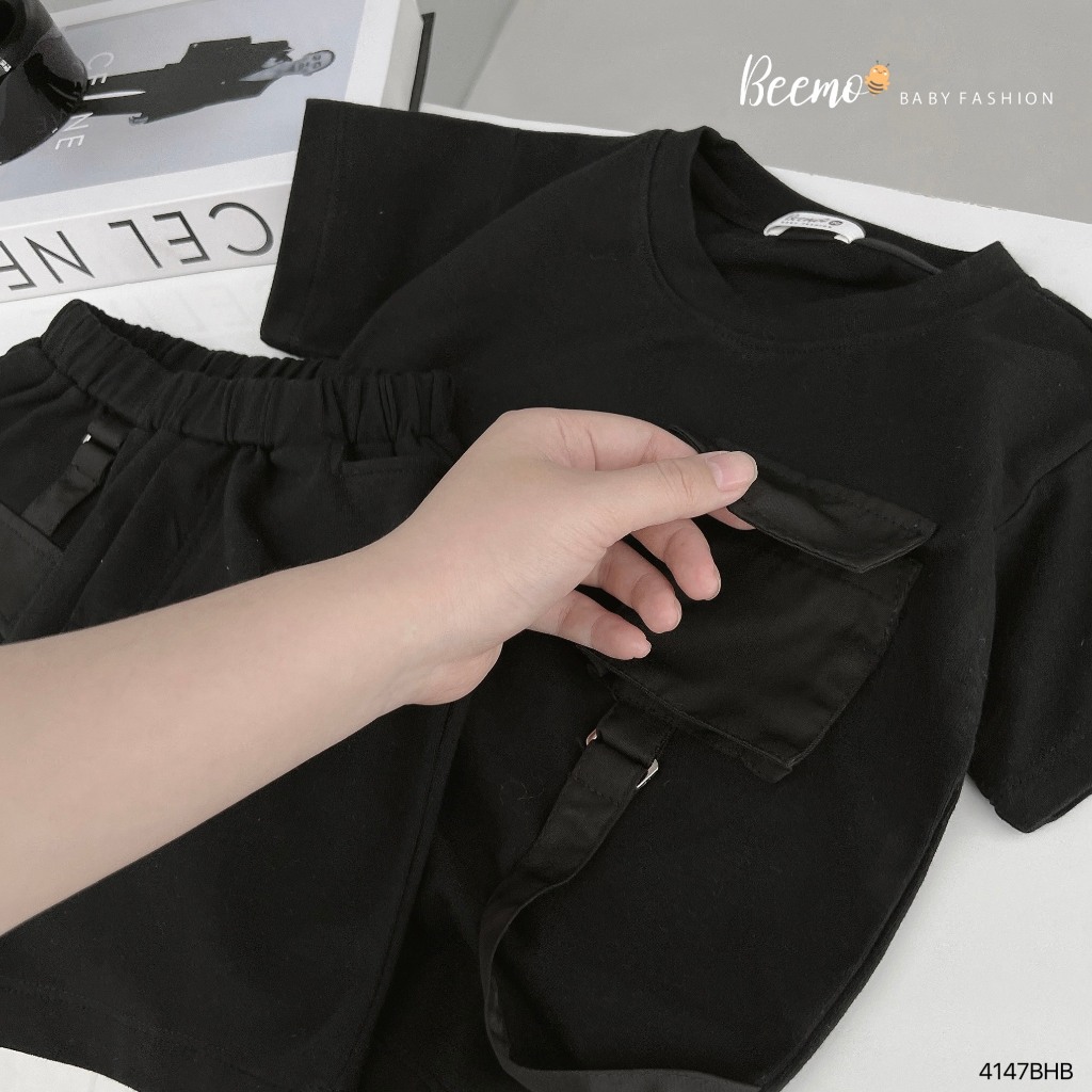 Bộ cotton túi hộp phối dây cá tính cho bé, bộ thun cộc tay cổ tròn năng động, khoẻ khoắn