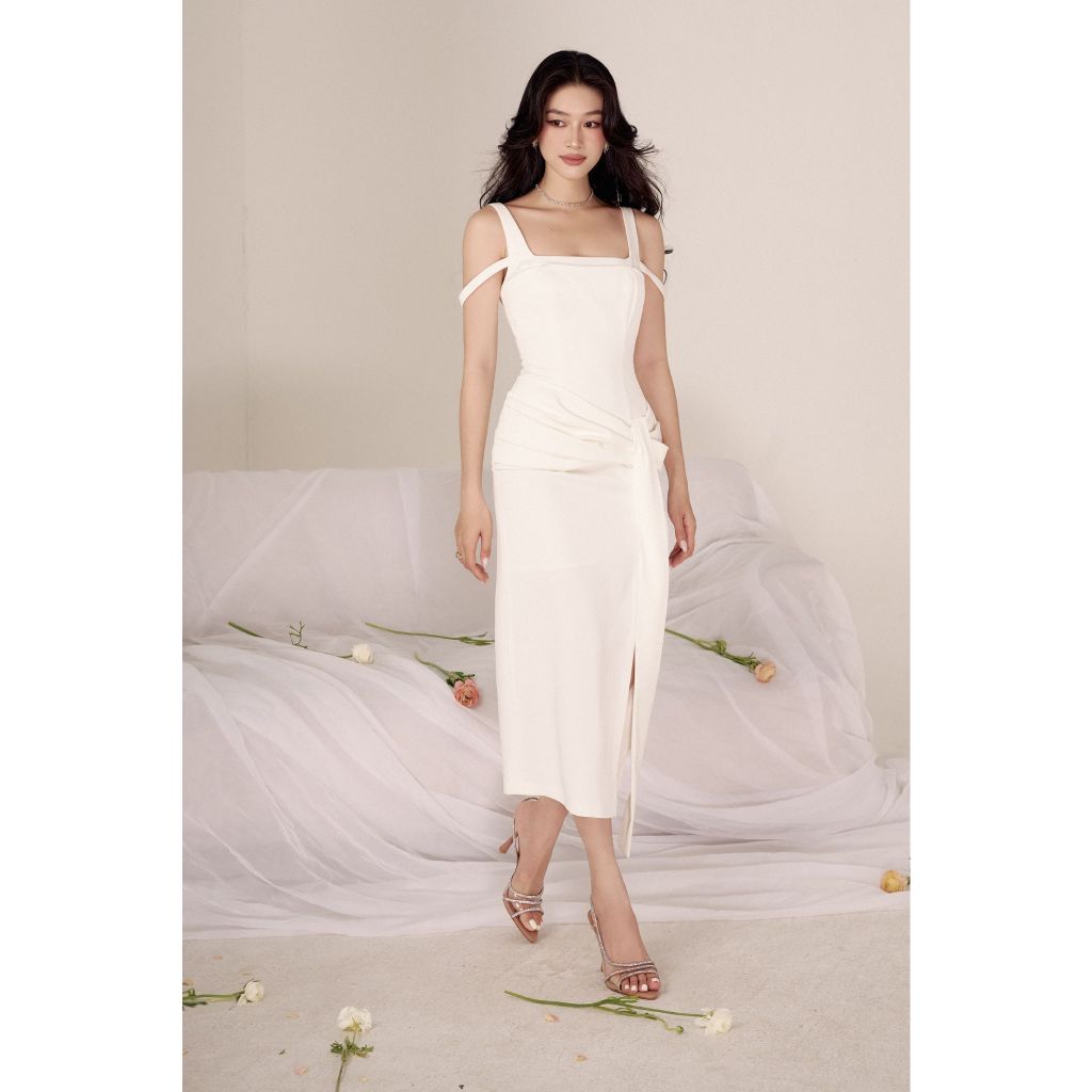 Vella Fashion đầm midi xếp nơ 3D quấn ngang eo, váy dự tiệc nữ VD24008