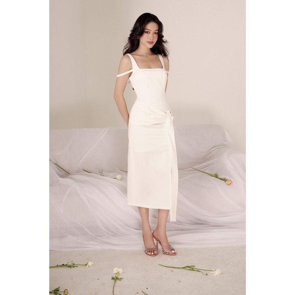 Vella Fashion đầm midi xếp nơ 3D quấn ngang eo, váy dự tiệc nữ VD24008
