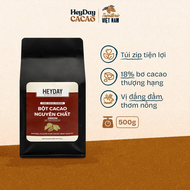 Ảnh Túi zip 500g Bột cacao nguyên chất Việt Nam 100% không đường Heyday - Dòng Origin thượng hạng 1