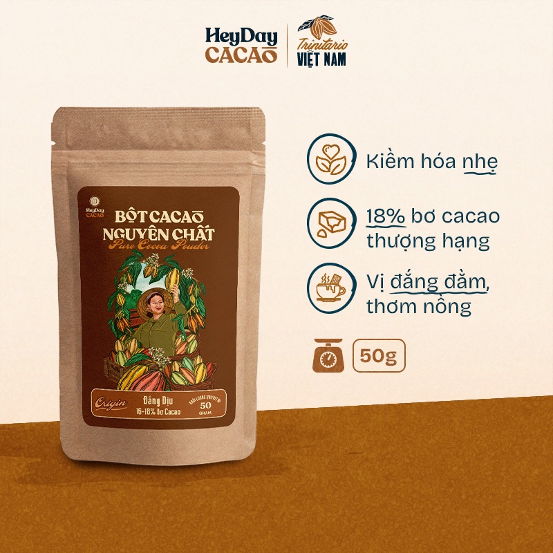 Ảnh Bột cacao nguyên chất Việt Nam 100% không đường Heyday - Dòng Origin thượng hạng - Túi giấy zip 50g 1