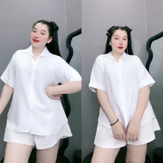 Áo sơ mi bigsize nữ tay ngắn xẻ tà lưng có cúc dễ thương chất lụa chéo mềm mịn AT10