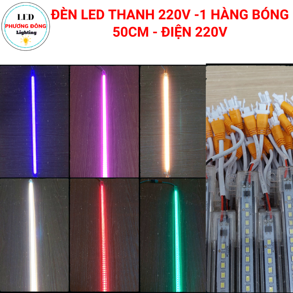 Combo 2 Đèn LED thanh 220V 1 hàng bóng 2835 - Trắng, Vàng, Đỏ, Xanh Lá, Xanh dương, Hồng 50cm