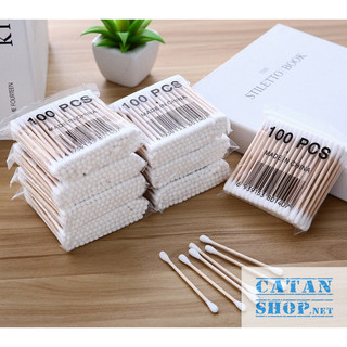 Tăm bông 100 cây ngoáy tai bằng que gỗ, đa năng, tăm bông 2 đầu, tăm bông vệ sinh dùng một lần - GD801-TB100