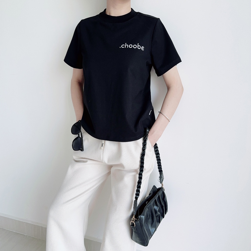 Ảnh Áo phông baby tee Choobe nữ thun cộc tay cổ cao basic trơn thêu chữ chất vải cotton co giãn thoáng mát A98 2