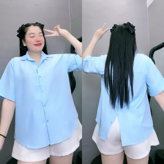 Áo sơ mi bigsize nữ tay ngắn xẻ tà lưng có cúc dễ thương chất lụa chéo mềm mịn AT10
