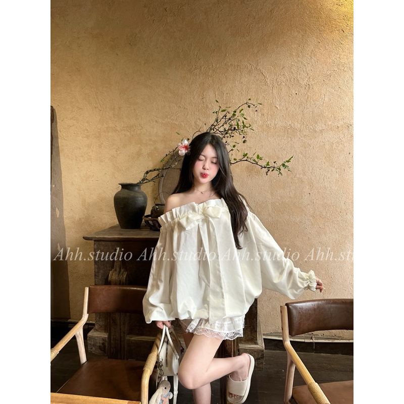 [Ảnh thật] Áo trễ vai dài tay thắt nơ tiểu thư bánh bèo