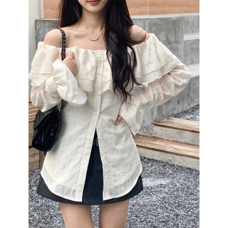 Áo trễ vai tay dài bẹt kiểu ôm bồng xẻ tà chất voan xốp trắng xinh VANISA CT047