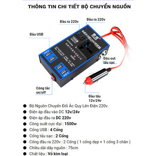 NEW 2024- Bộ Chuyển Đổi Nguồn Xe Hơi 1500W Bộ Chuyển Đổi USB 4 Cổng DC 12V/24V Sang 220V Cho ô tô