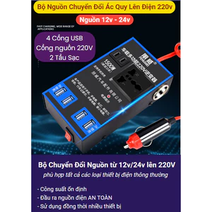 NEW 2024- Bộ Chuyển Đổi Nguồn Xe Hơi 1500W Bộ Chuyển Đổi USB 4 Cổng DC 12V/24V Sang 220V Cho ô tô