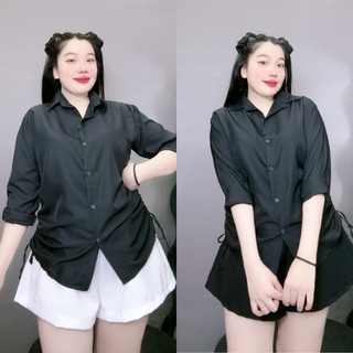 Áo sơ mi bigsize nữ tay dài rút dây hai bên form rộng vải lụa chéo mềm mát sành điệu AT4