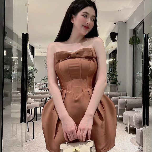 Đầm Cup Ngực Đính Nơ Bánh Bèo Sang Chảnh, Đầm Dự Tiệc Công Chúa Dáng Bồng Dễ Thương