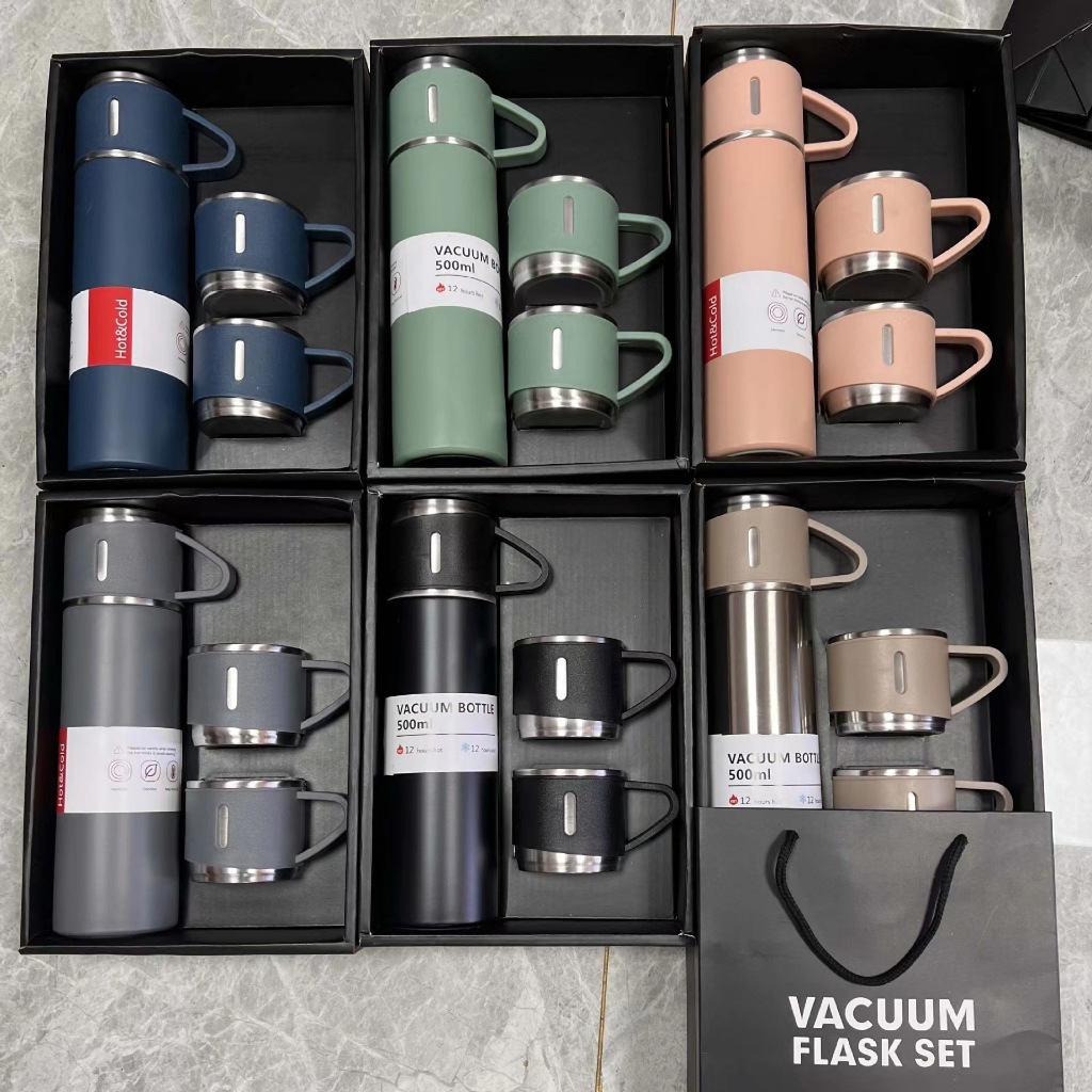 Set bình nước giữ nhiệt du lịch kèm thêm 2 cốc uống inox 304 dung tích 500ml  màu đẹp