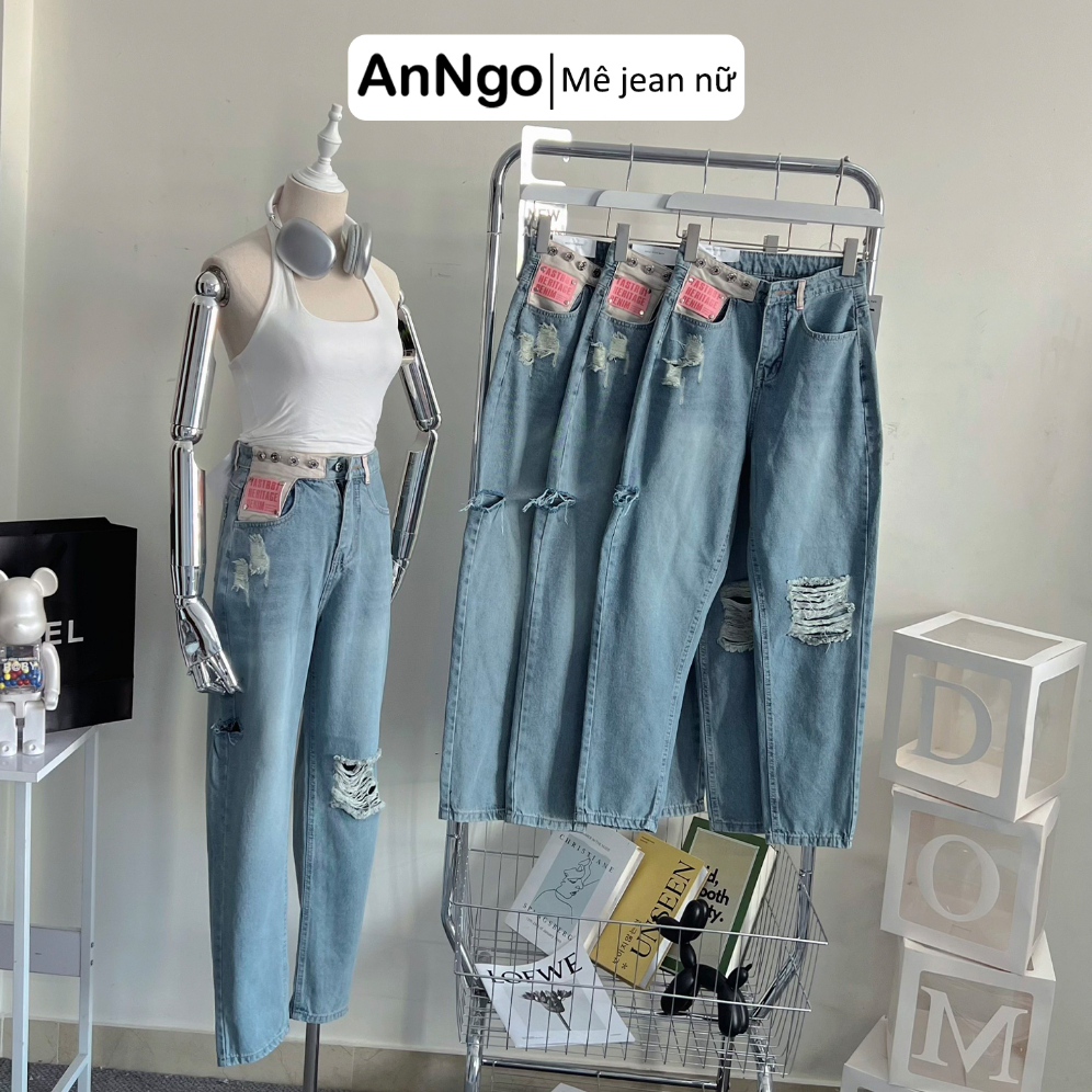 Quần baggy jean nữ ống suông rách gối cực cá tính Anngo - AT351
