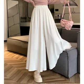 Quần Ống Rộng Chất Vải Đũi Sần Dáng Dài Xòe Quần Rộng Giả Váy Cạp Chun Cao Váy Dáng Chữ A Eo Co Giãn Cakecat