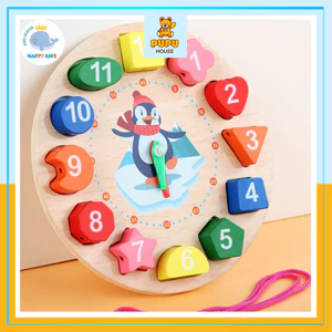 Đồ chơi Đồng hồ gỗ luồn hạt cho Bé học xem giờ, phân biệt hình khối, màu sắc và số đếm - PUPU HOUSE