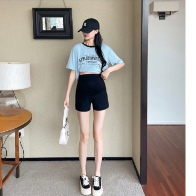 Quần đùi Dance Bầu Cạp Cao , quần ôm siêu hách dáng chất Umi co dãn có chun chỉnh bụng