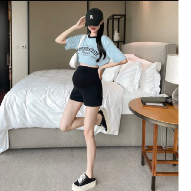 Quần đùi Dance Bầu Cạp Cao , quần ôm siêu hách dáng chất Umi co dãn có chun chỉnh bụng
