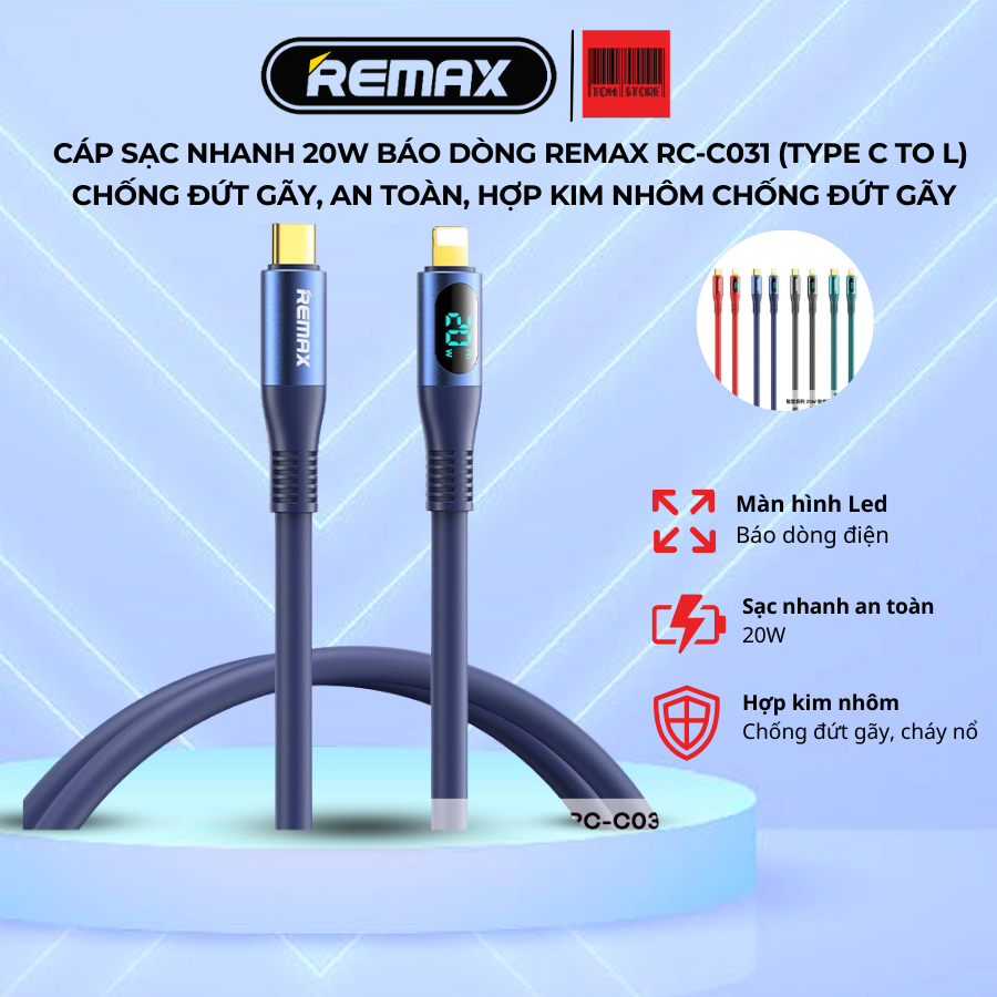 Cáp sạc nhanh 20w báo dòng REMAX RC-C031 (Type C To L) chống đứt gãy ...