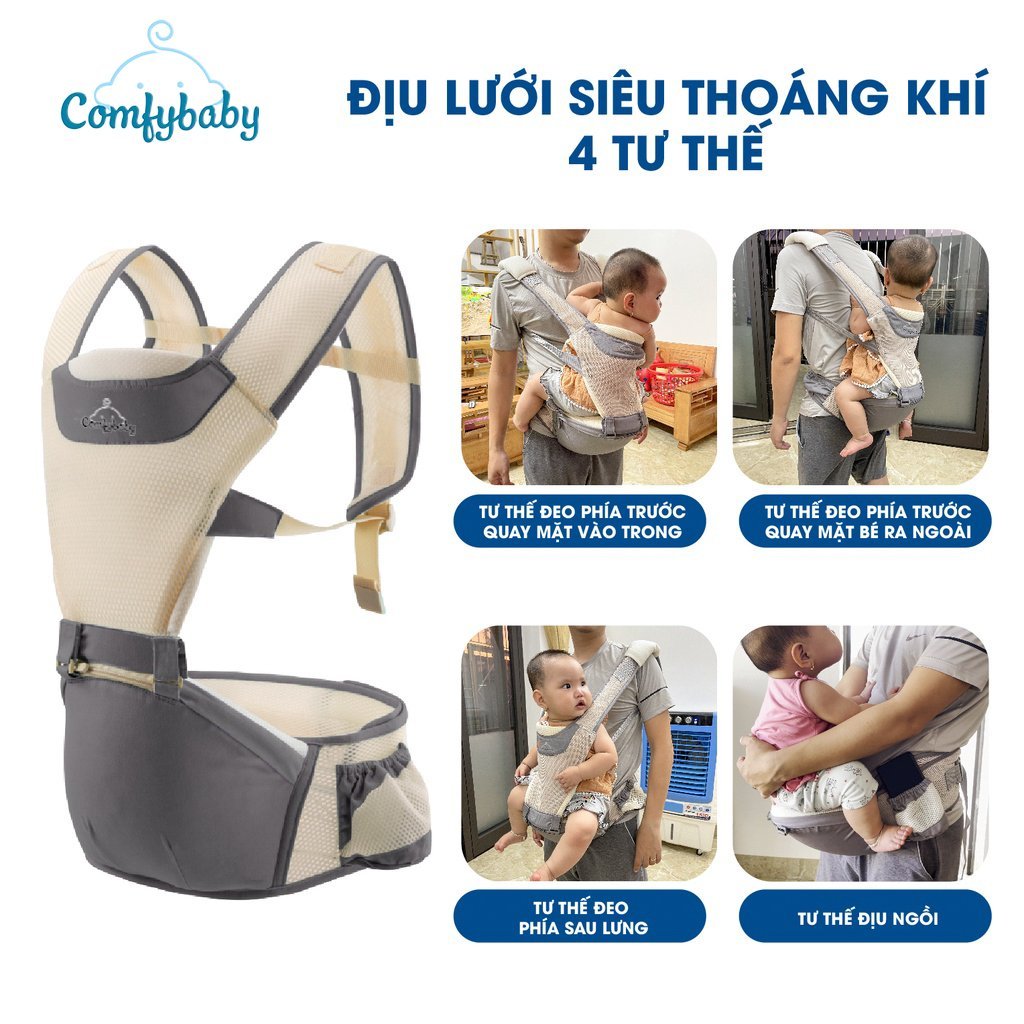 Ảnh Địu Ngồi Em Bé 4 Tư Thế trợ lực chống gù siêu thoáng, mềm mại ComfyBaby 906 Kèm Túi Cao Cấp 2