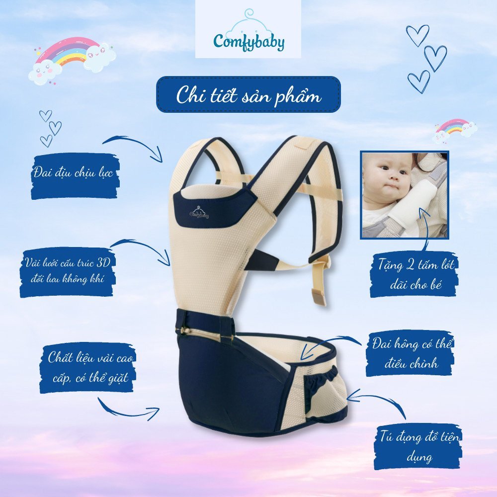Ảnh Địu Ngồi Em Bé 4 Tư Thế trợ lực chống gù siêu thoáng, mềm mại ComfyBaby 906 Kèm Túi Cao Cấp 3