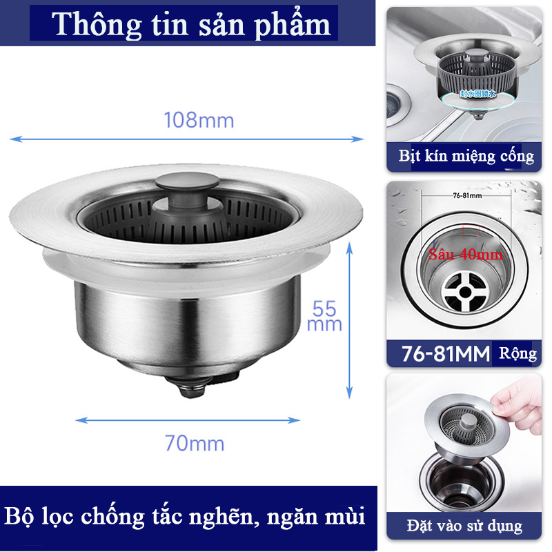 Bộ lọc rác chậu rửa bát chất liệu INOX 304 ngăn mùi hiệu quả, nút bấm ...