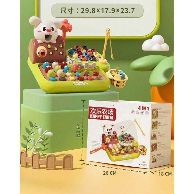 Đồ Chơi Nông Trại Vui Vẻ 4in1 Tích Hợp Câu Cá, Nhổ Cà Rốt Cho Thỏ Ăn Happy Funny Farm Có Cảm Ứng Nhạc Đèn-PUPU HOUSE