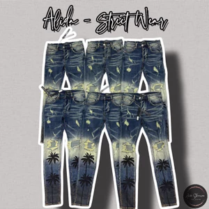 ⚡️[Hight Quality] Quần Jeans Amiri Xanh Rách Gối Họa Tiết Cây Dừa Phối Wash Sang Trọng - Hàng Loại 1 Dáng Biker