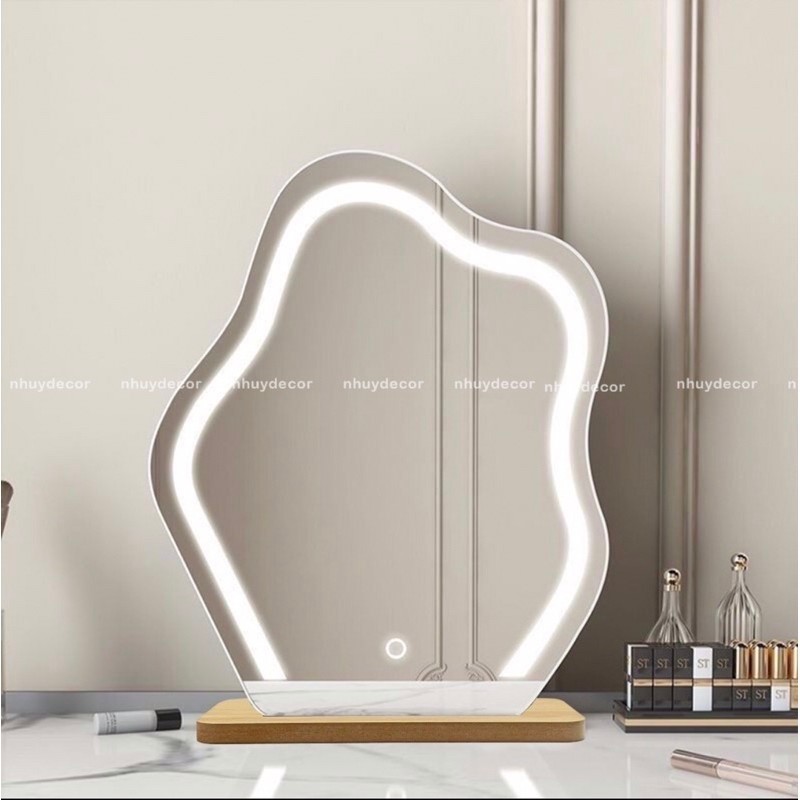 Gương Decor Đám Mây Để Bàn, Gương Led Cảm Ứng 3 Màu Cao Cấp Decor Bàn Trang Điểm.