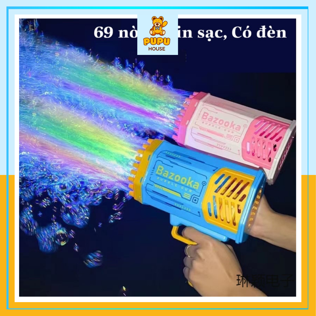 Máy Bắn Bong Bóng Xà Phòng 69 Nòng Bazooka Khổng Lồ Súng Bắn Xà Phòng Siêu Mạnh Pin Sạc Có Đèn - PUPU HOUSE