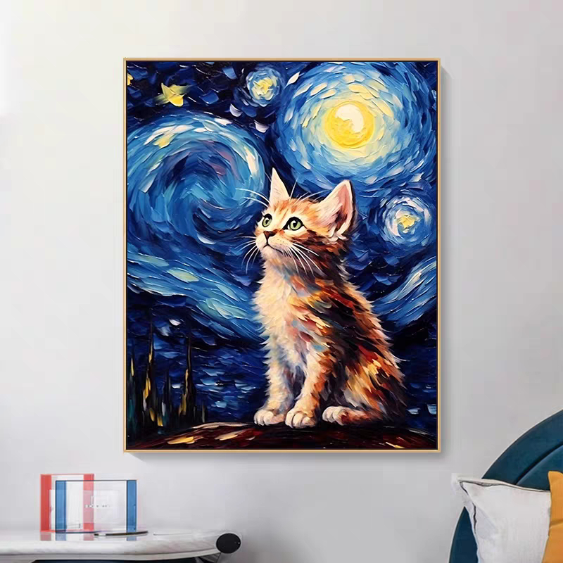 Tranh canvas mèo art treo phòng ngủ, quá cafe, khu vui chơi, phòng khách, sinh nhật