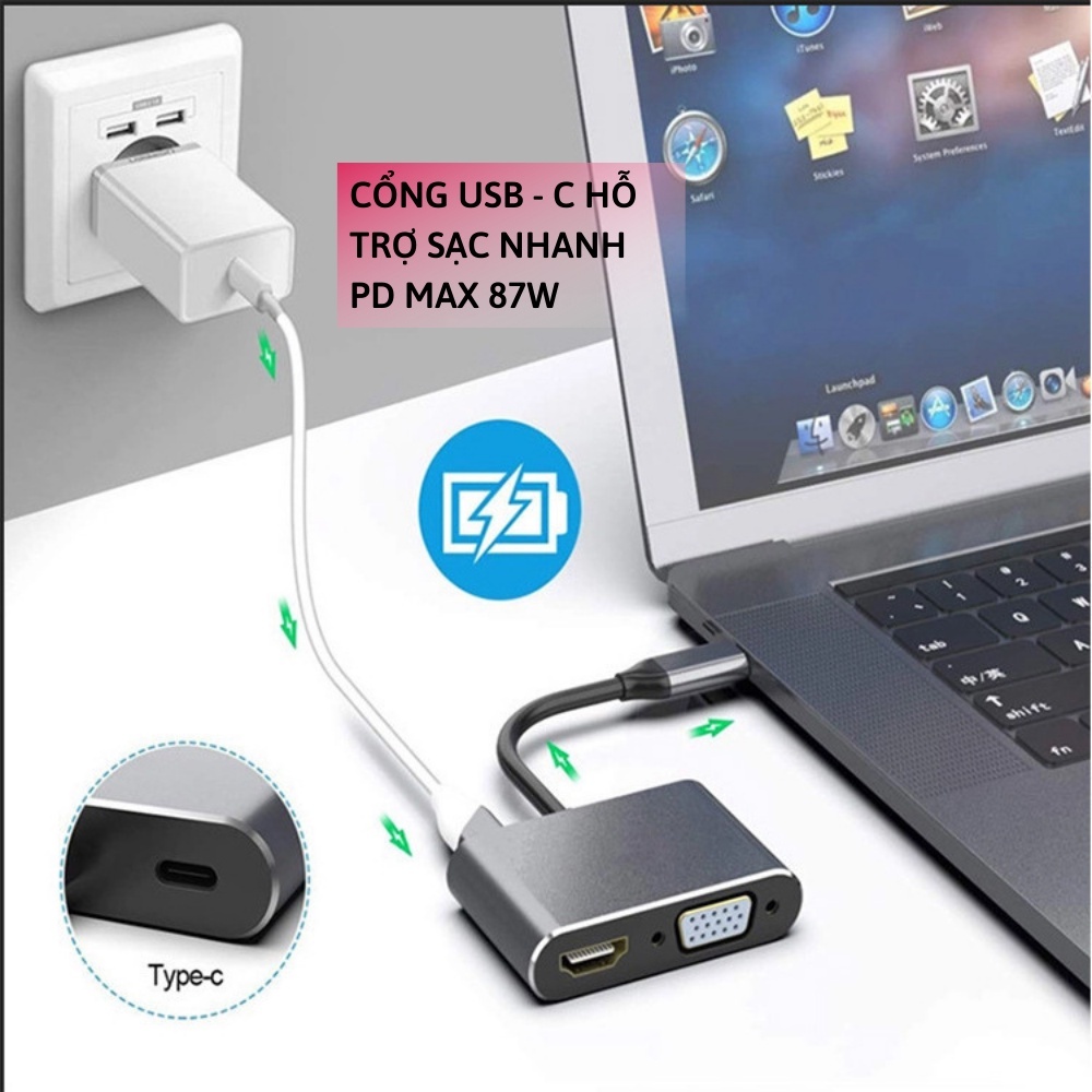 Hub Type-C sang HDMI, VGA, USB, PD độ phân giải 4K cho laptop macbook | BigBuy360 - bigbuy360.vn