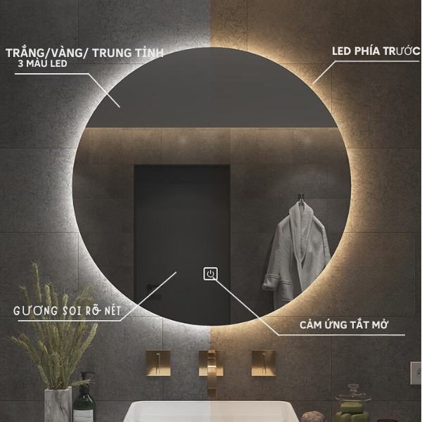 Gương Tròn Treo Tường Có Đèn LED, Gương Treo Bàn Trang Điểm, Nhà Tắm, Nút Cảm Ứng tắt mở Cao cấp