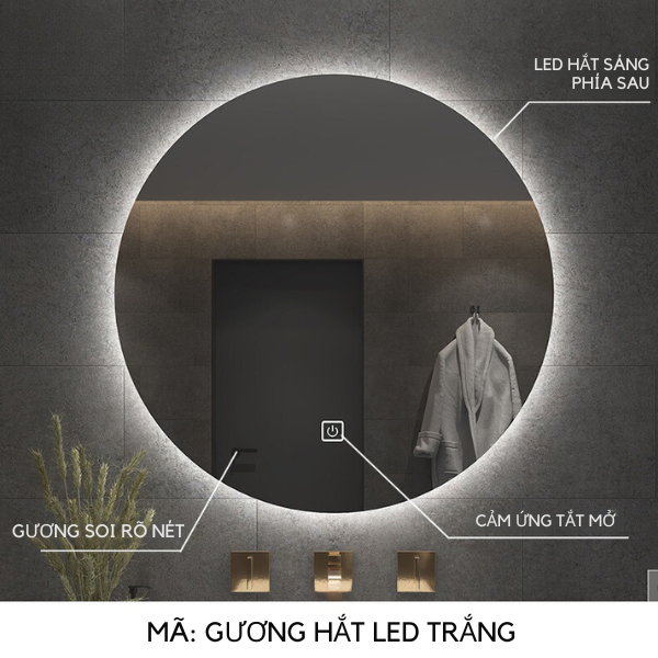 Gương Tròn Treo Tường Có Đèn LED, Gương Treo Bàn Trang Điểm, Nhà Tắm, Nút Cảm Ứng tắt mở Cao cấp