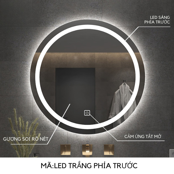 Gương Tròn Treo Tường Có Đèn LED, Gương Treo Bàn Trang Điểm, Nhà Tắm, Nút Cảm Ứng tắt mở Cao cấp