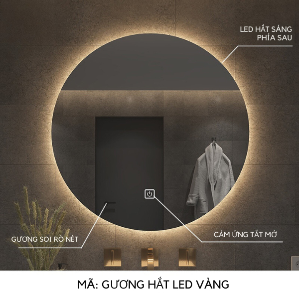 Gương Tròn Treo Tường Có Đèn LED, Gương Treo Bàn Trang Điểm, Nhà Tắm, Nút Cảm Ứng tắt mở Cao cấp