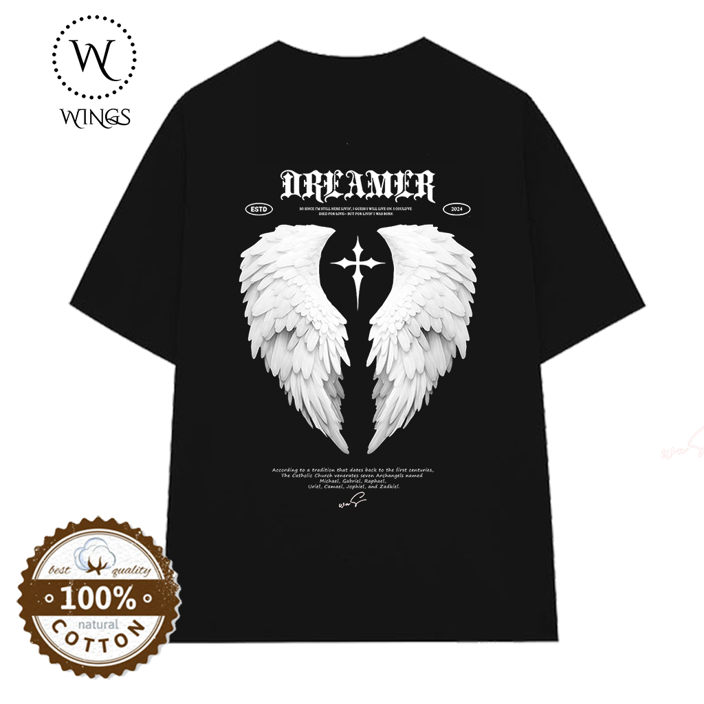 100% Cotton Áo thun nam unisex oversize in cánh thiên thần “Dreamer” WNS
