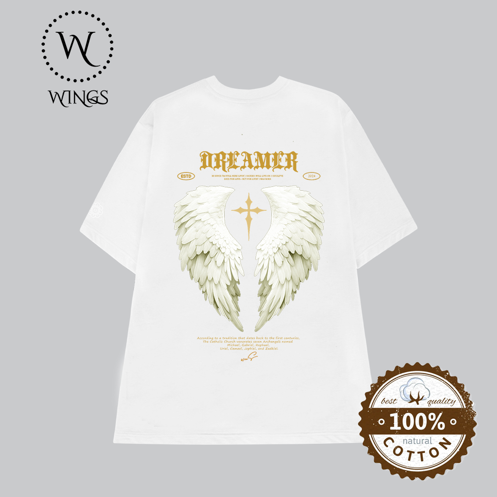 100% Cotton Áo thun nam unisex oversize in cánh thiên thần “Dreamer” WNS