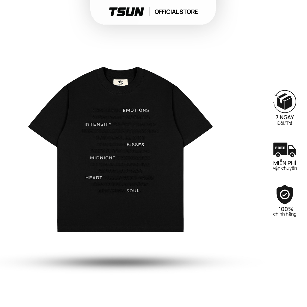 Ảnh Áo Thun Cảm Xúc In Nổi, Phản Quang Màu Đen - Brand TSUN Chính Hãng - Emotions Tee Black - Unisex 1