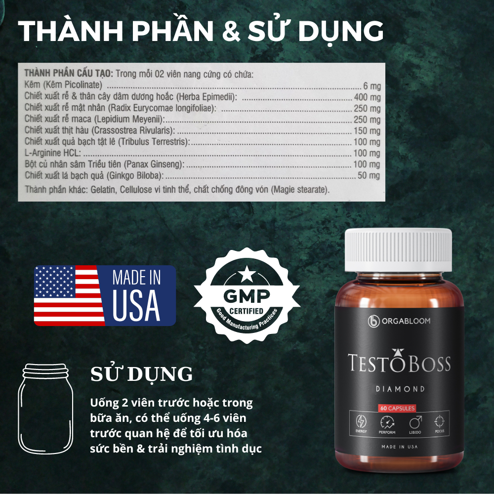Combo 2 Testoboss - Tăng cường sinh lý nam với 9 loại thảo mộc quý - Maca, Nhân Sâm, Tinh Hàu Biển