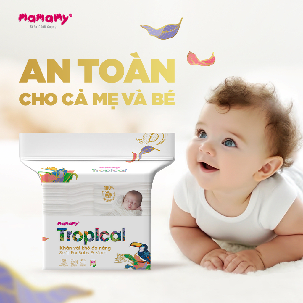 Ảnh Khăn khô cao cấp cho bé Mamamy 100% sợi tự nhiên và rayon Tropical gói 160 tờ mềm, dai, sạch cực 3