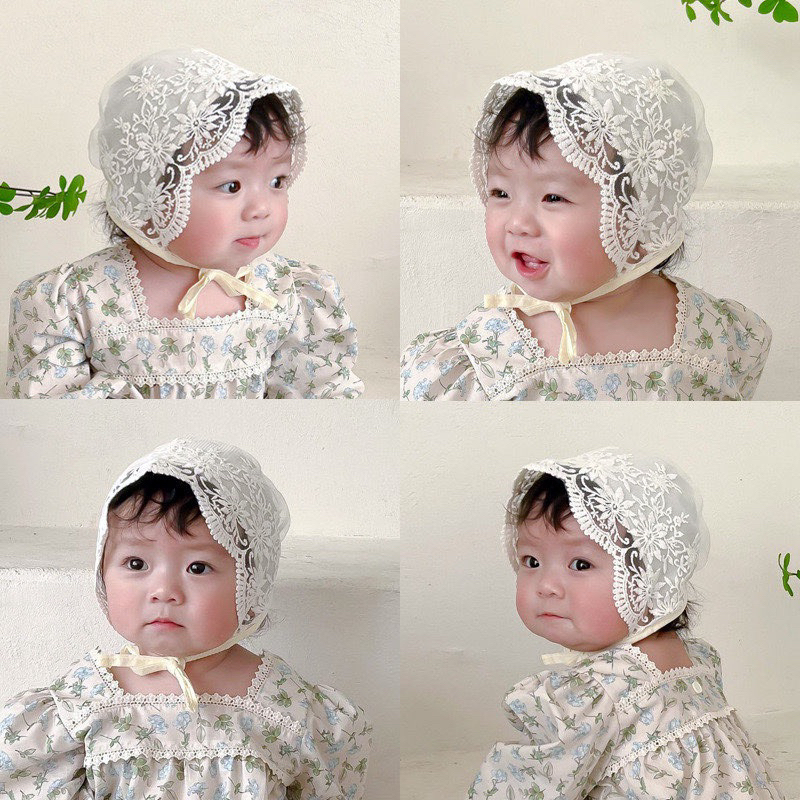 [MD94]Mũ ren phong cách tiểu thư chất liệu cotton mềm mại cho bé yêu 0-2t