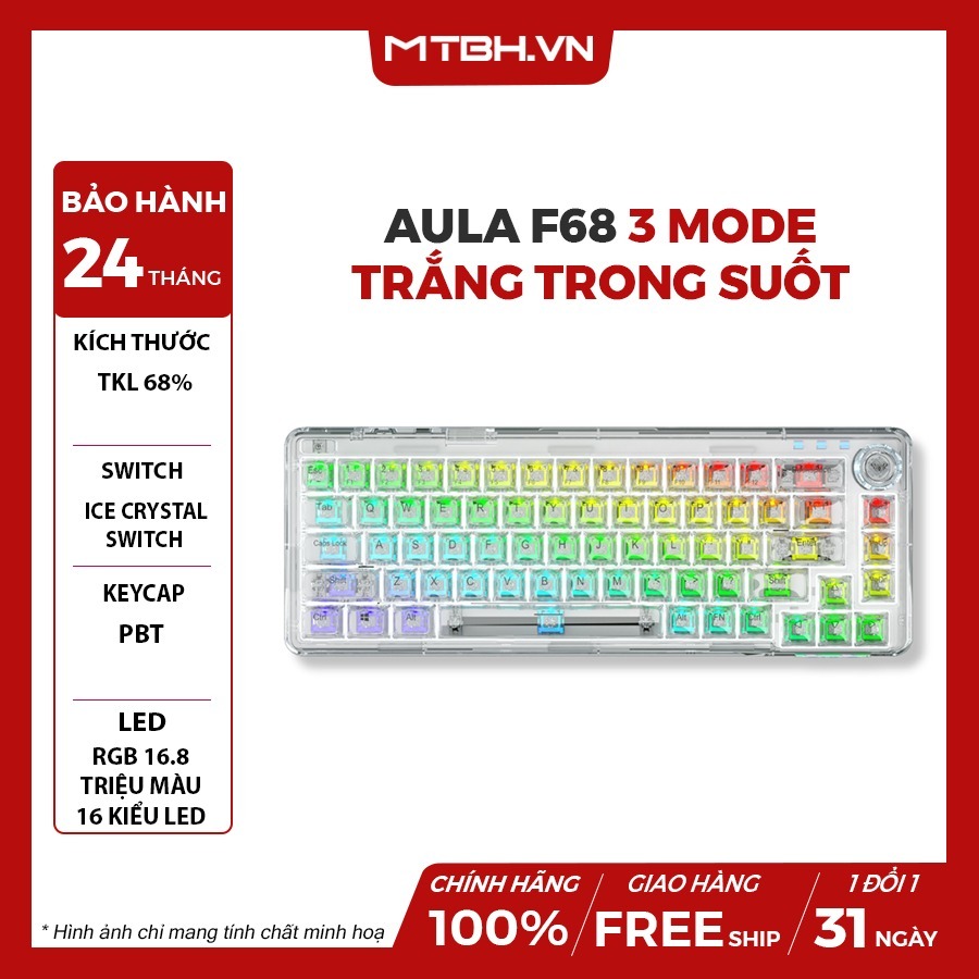 B\u00e0n Ph\u00edm C\u01a1 Aula F68 3 Mode Tr\u1eafng Trong Su\u1ed1t (Typec + 2.4G + Bluetooth, Ice Crystal Switch, Led ...