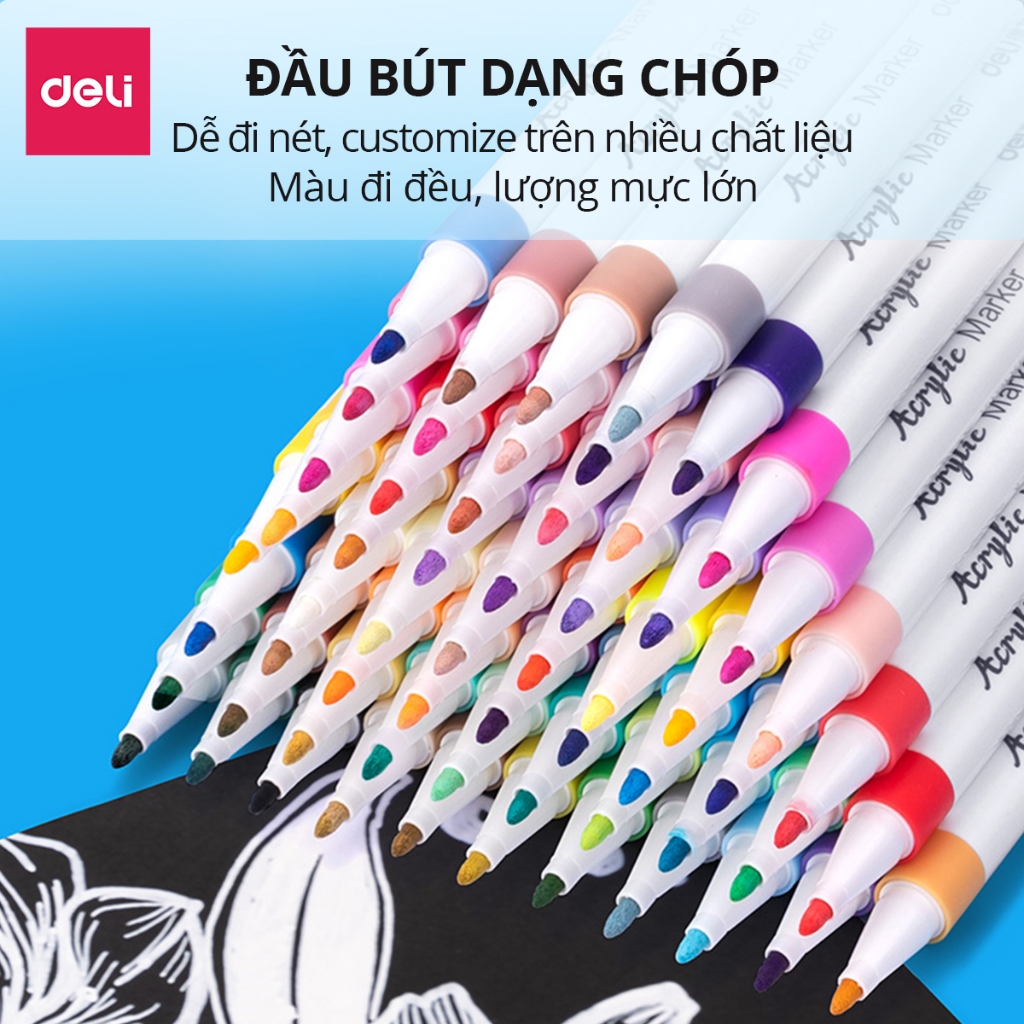 Bút Sơn Acrylic Marker 60 Màu - Ngòi Nhỏ - Lượng Mực Lớn - Chính hãng Deli - DIY Nhiều Bề Mặt