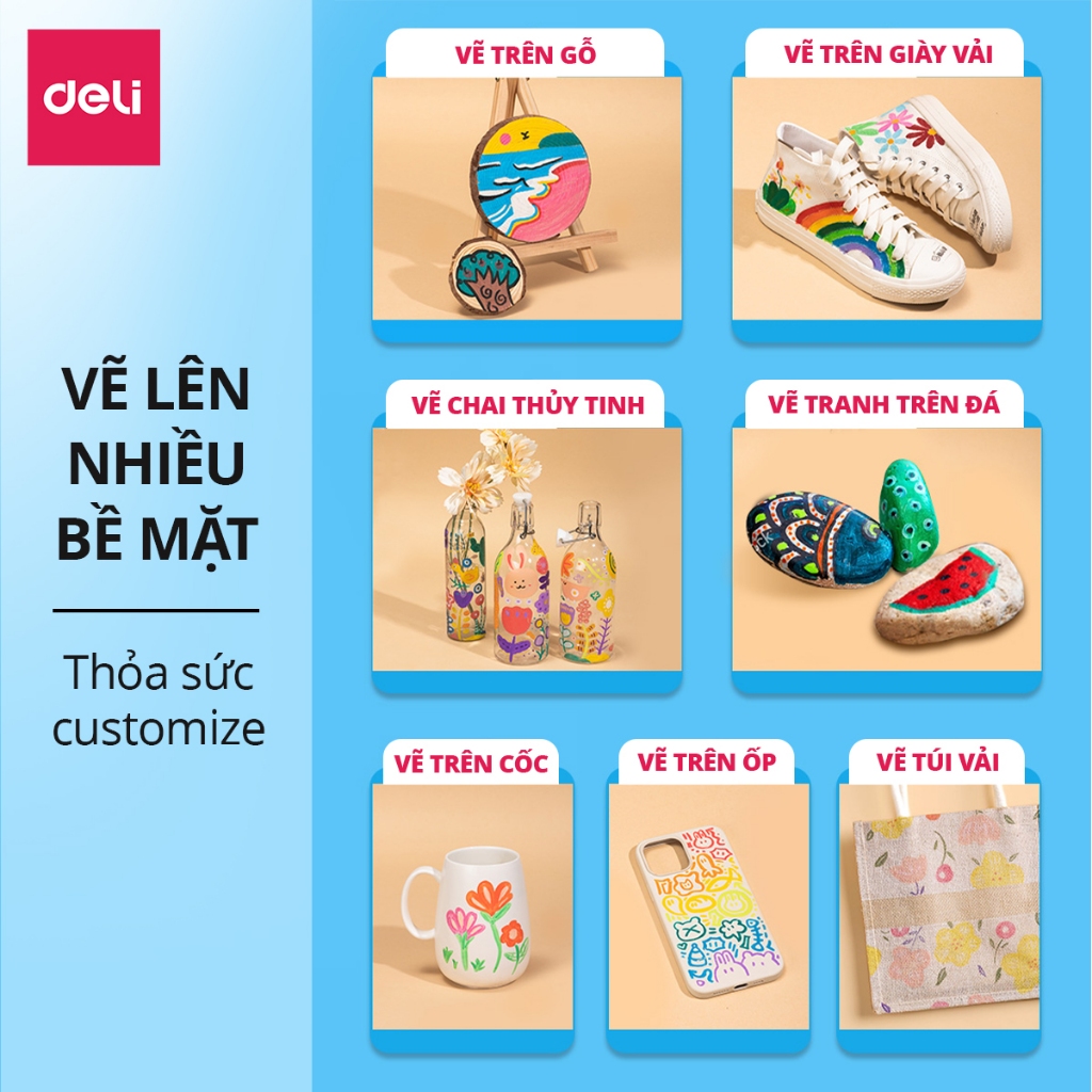 Bút Sơn Acrylic Marker 60 Màu - Ngòi Nhỏ - Lượng Mực Lớn - Chính hãng Deli - DIY Nhiều Bề Mặt