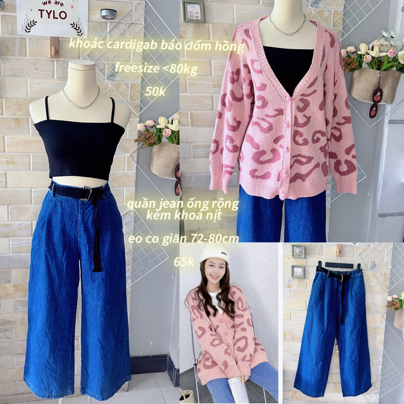 áo khoác cardigan đốm báo hồng + quần jean ống rộng kèm khoá nịt ...