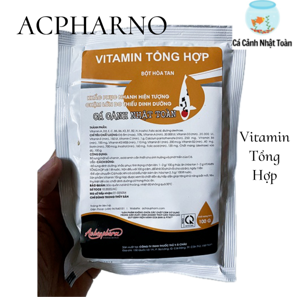 VITAMIN TỔNG HỢP TĂNG ĐỀ KHÁNG, KHẮC PHỤC CHẬM LỚN CHO CÁ CẢNH ACPHARNO 100G